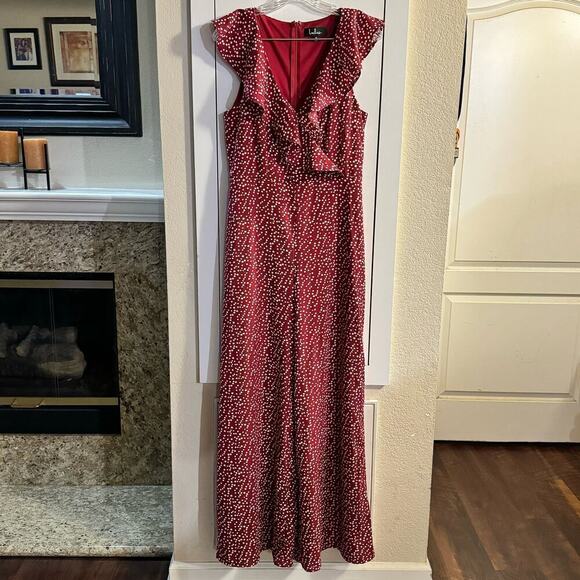 Lulus Fondest Memories Wine Red Polka Dot Sleeveless Ruffled Jumpsuit Size Med - Picture 5 of 10